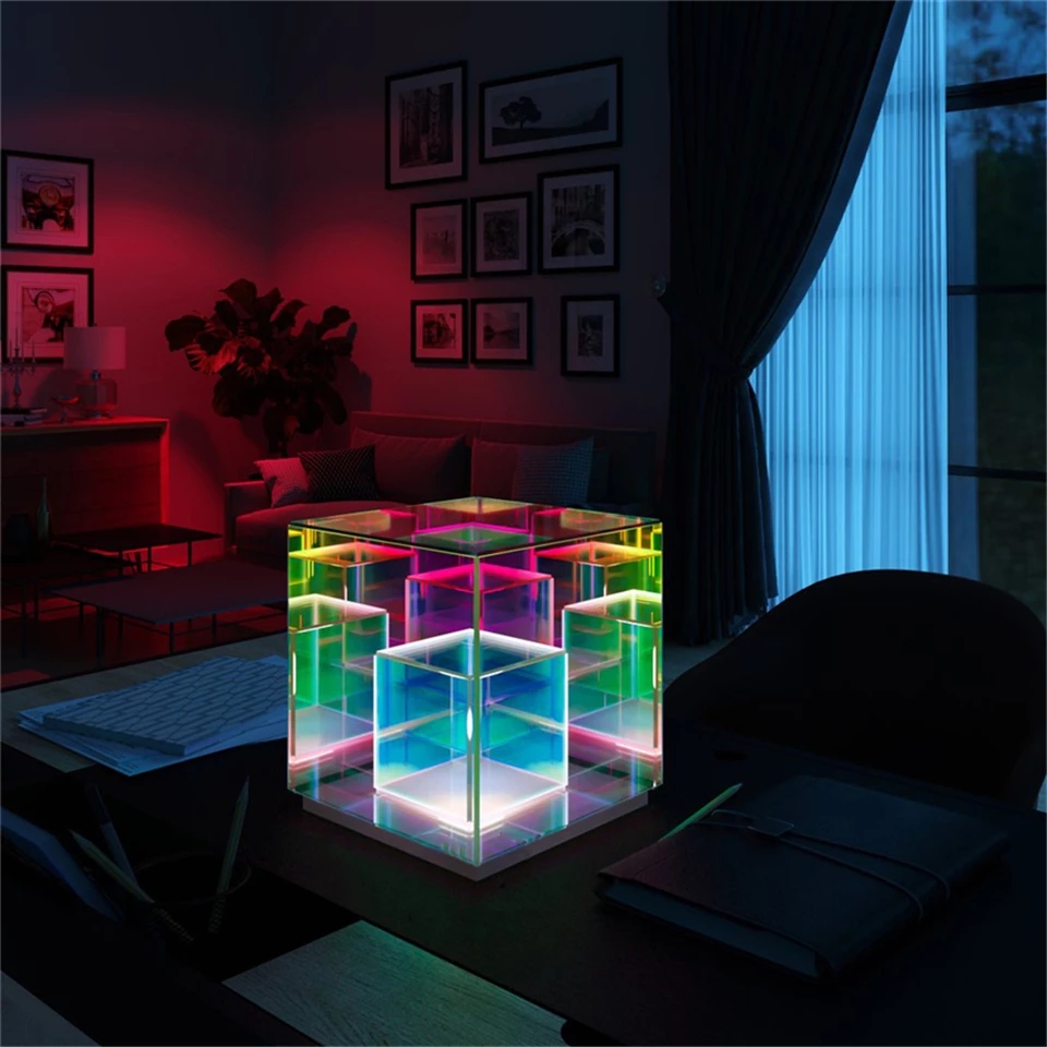 Dropshipping restaurant night lighting cube desk lamp acrylic magic cubes led corlorful table light for bedroom
