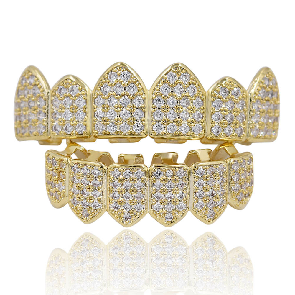 Hip Hop Grills Teeth Grillz Gold Color Plated High Quality Tooth Grillz Micro Pave CZ Top & Bottom GRILL Mouth Teeth Grills Sets