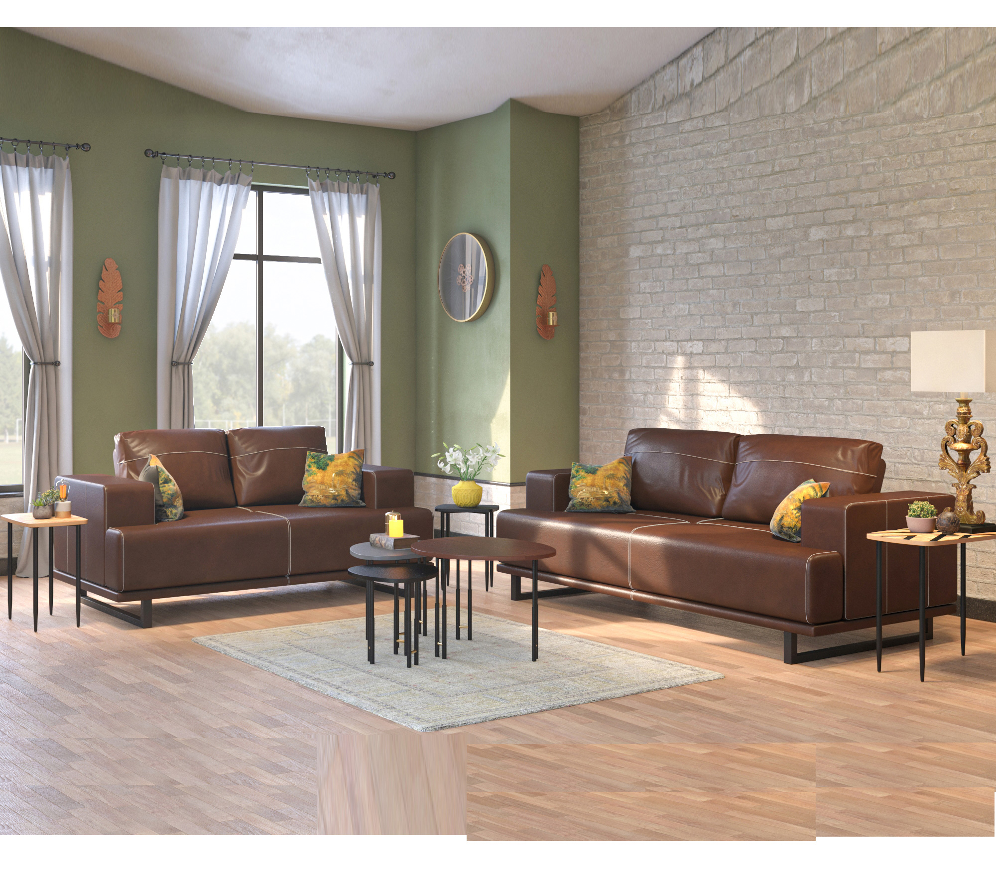 Astor 1+2+3Seater Sofa Set Brown Leather Pipe Black Powder Coat Manual Adjustable Backrest For Versatile Seating Positions