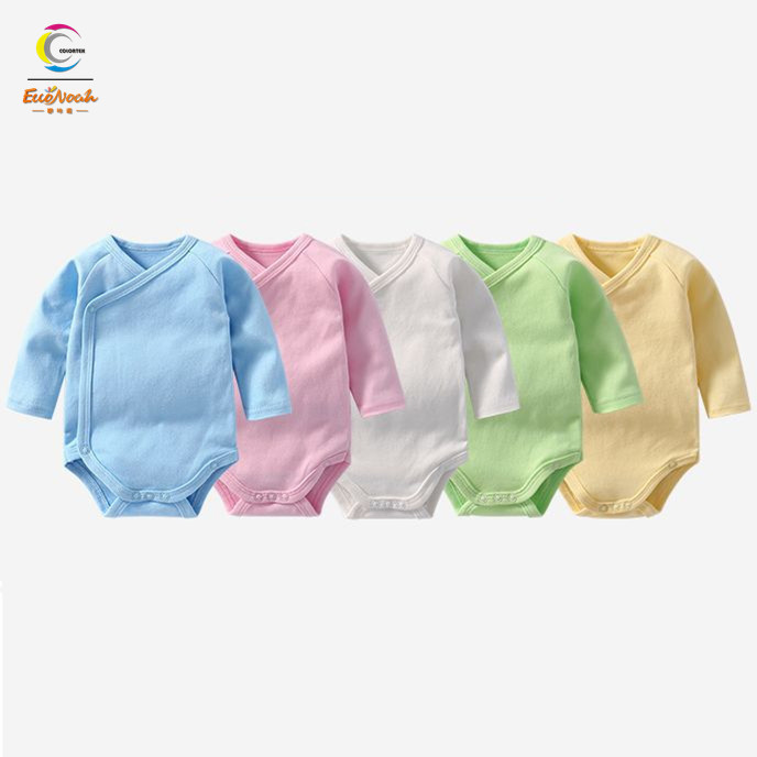 Custom OEM Blank Color Long Sleeve 100% Cotton Newborn Baby Bodysuit Side Open Belly Protection Baby Clothing Romper