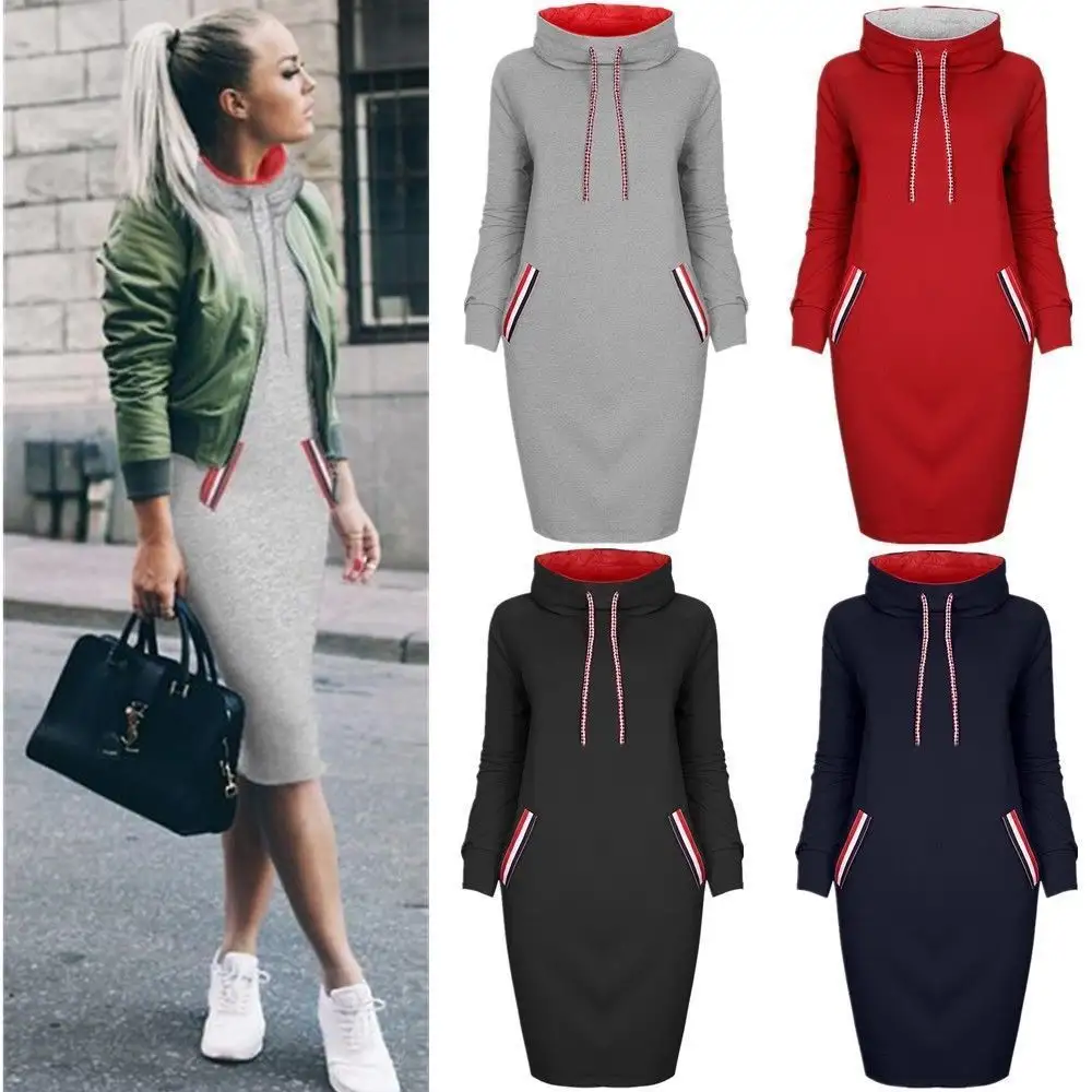 Dropshipping Solid Color Plush Plus Size Hooded Dresses Women Club Dresses Casual Dresses