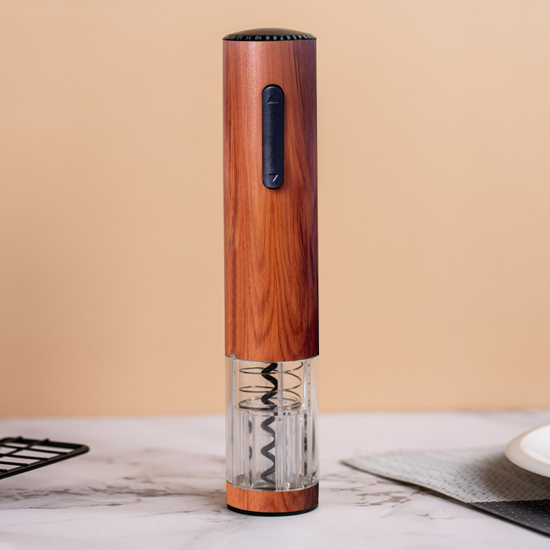 EE069 Rechargeable Wood Pattern Texture Electric Wine Bottle Opener Corkscrews Foil Cutter Wooden Electric Wine Corkscrew Set