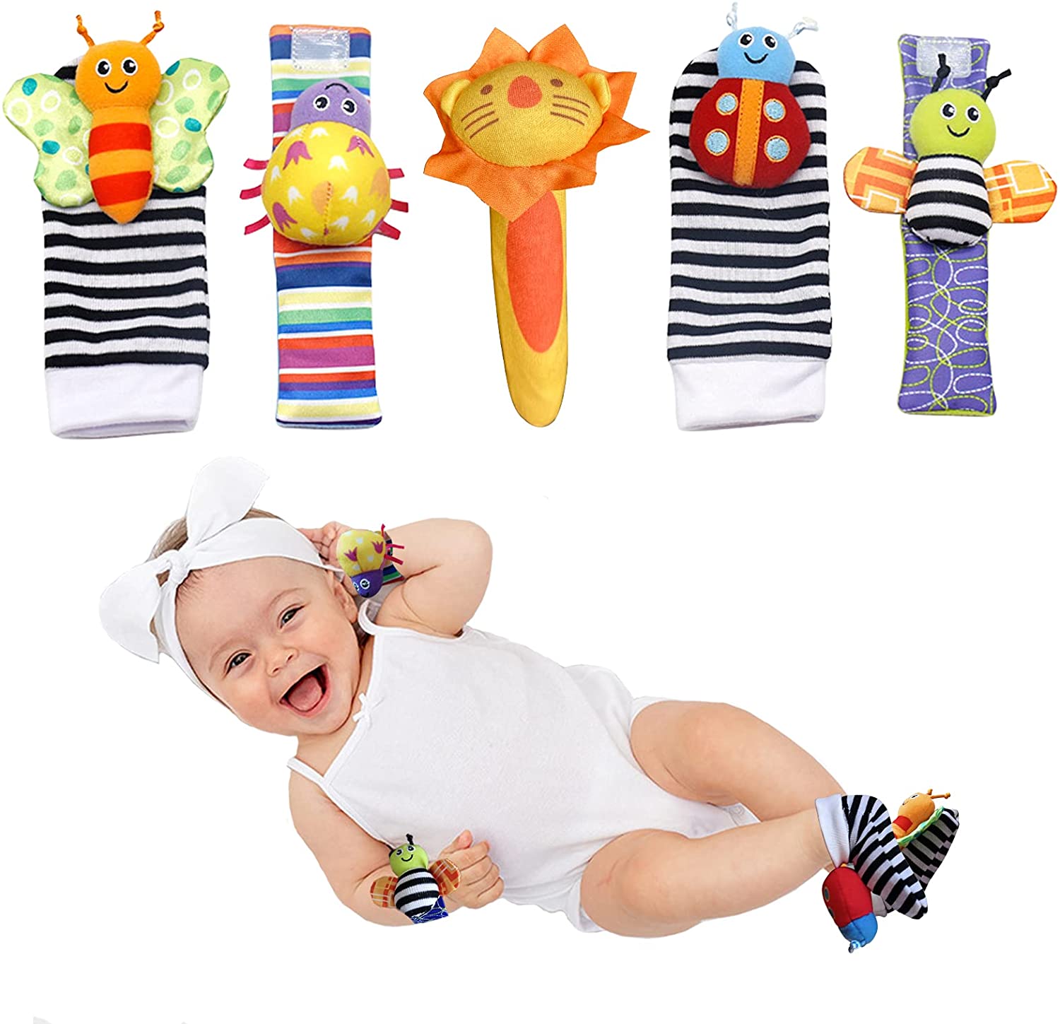 Sonajero de muneca de bebe Early Educational Baby Socks Animal Toys Foot Finder Set Baby Wrist Rattle Soft Baby Rattles Toys Set