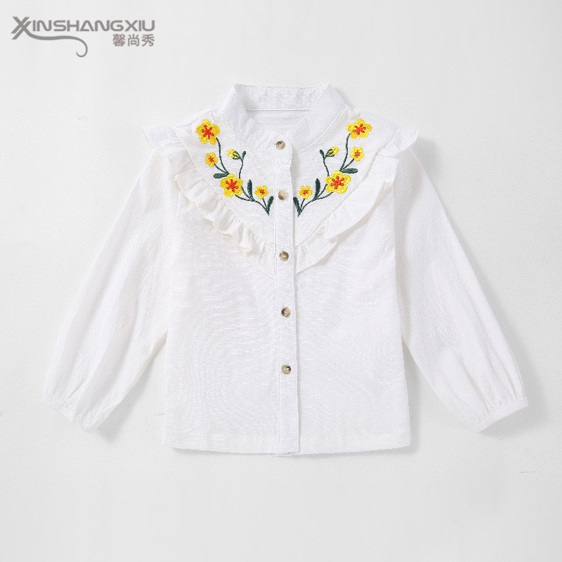 100% woven Cotton blouse embroidered flowers long-sleeve baby girls boutique shirts