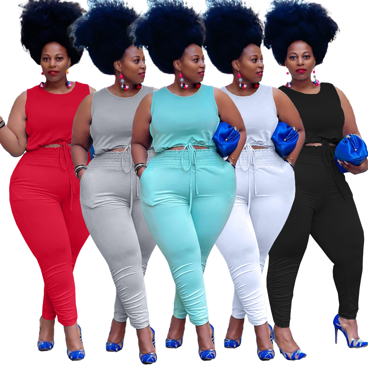 Plus Size Women Clothing Two Piece Set Sport Pants Sleeveless Drawsting Top Solid Casual Tracksuits