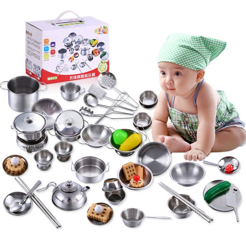 Steel pretend play toy house toys stainless steel kitchen set mini kitchen real cooking set