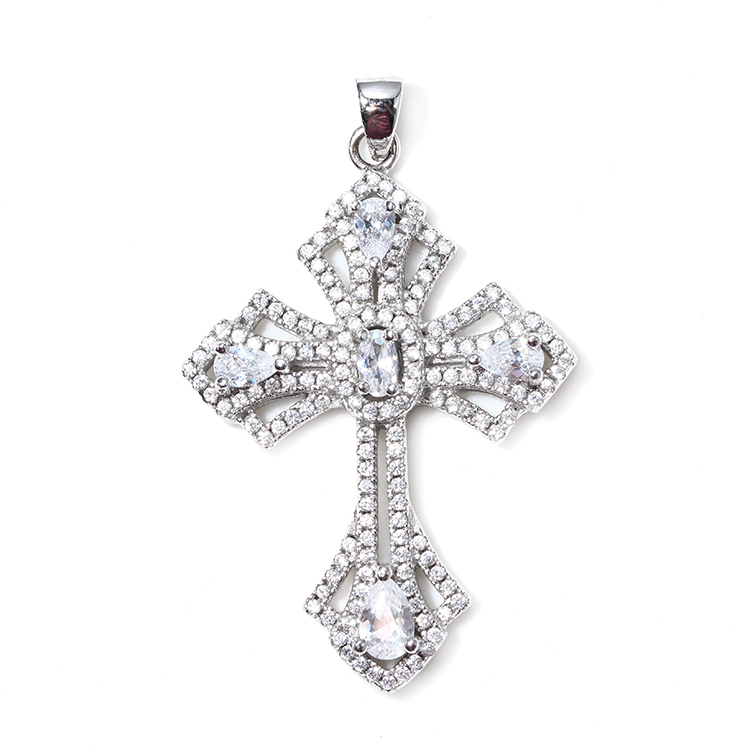 Hot Selling 925 Sterling Silver Cross Design Pendant White Gold Plated Cubic Zirconia Classic Pendant Necklace