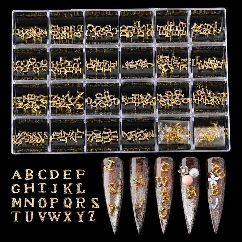 3D Silver Rose Gold Crystal Rhinetone English Letters Nail Art Charms Box Zircon Stud Stickers For Nails