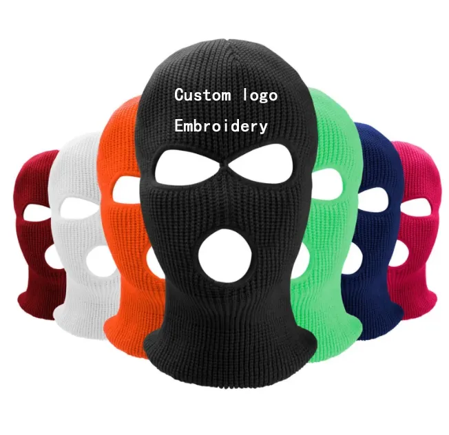 Wholesale acrylic Winter Warm Knitted beanie Hat Embroidery Custom logo Full Face Cover 3 Hole Balaclava ski mak