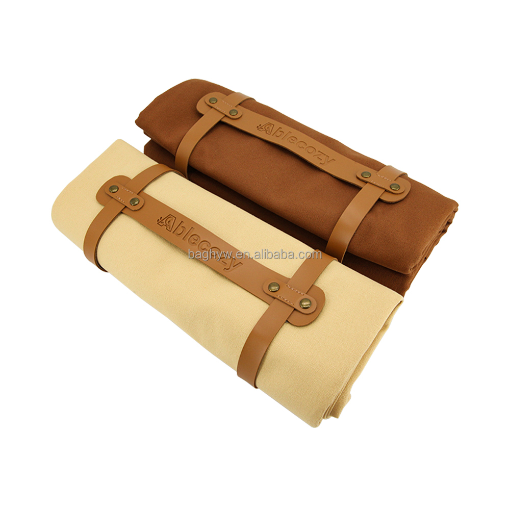 Wholesale Custom Portable Beach Camping Outdoor Waterproof Beige Cotton Canvas Picnic Camp Mat Blanket With Leather Strap