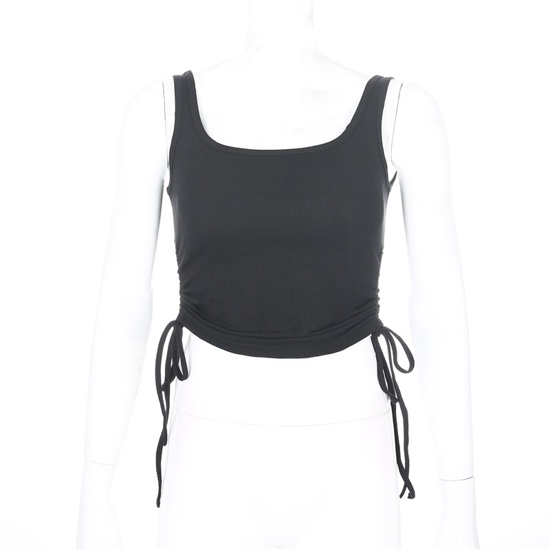Summer Hot Style Casual Knit Solid Drawstring Pleated Vest Crop Top Tank Top for women