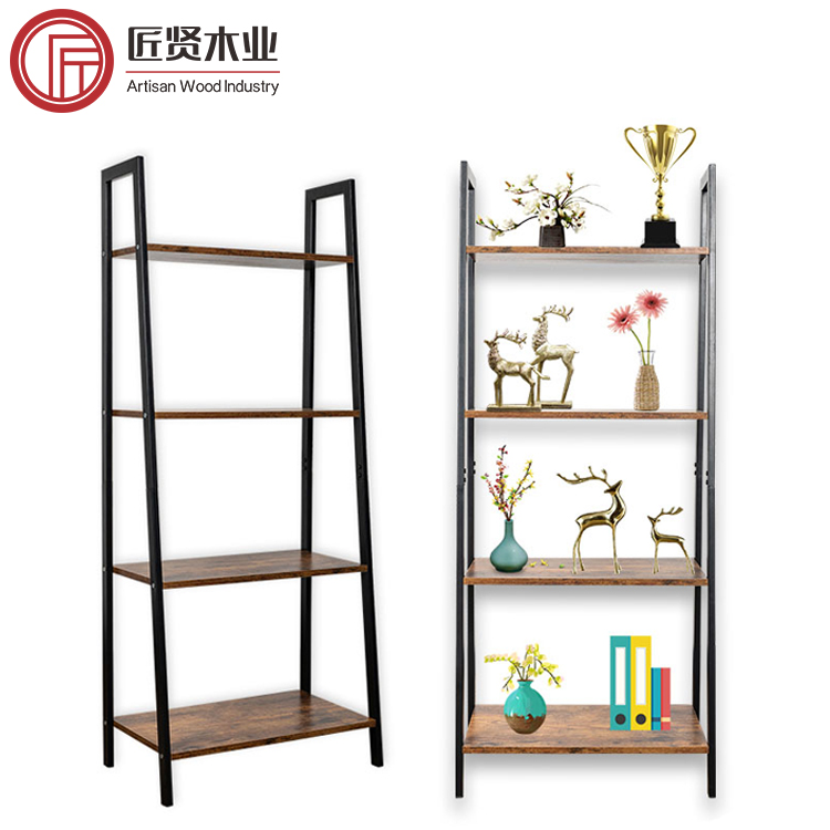 Industrial Storage 4 tiers Bookshelve Display Rack Vintage Bookcase Ladder Metal Book Shelve