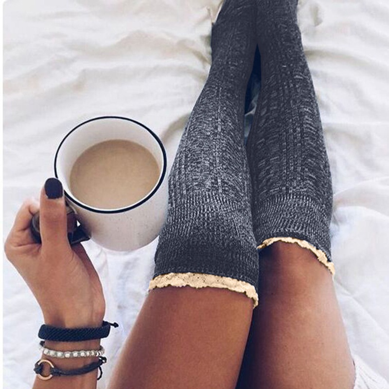 Hot sales lace pattern knee high girl socks cozy plush soft warm socks for woman