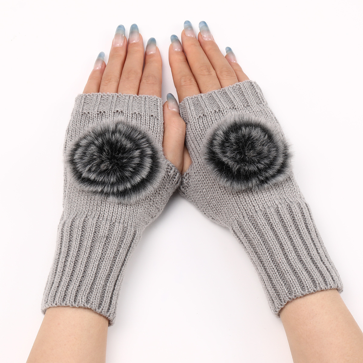 Women Winter Plush Faux Fur Knitted Gloves Keep Warm Fashionable Short Mitten lady Fingerless Gloves Without Fingers Pompom