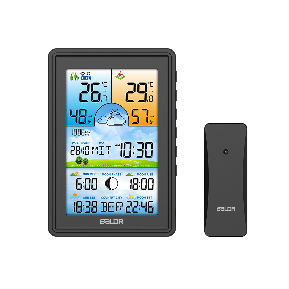 DCF Multi-color LCD Display Home Weather Station Digital Alarm Clock RF Remote Monitoring Barometer Thermometer Humidity