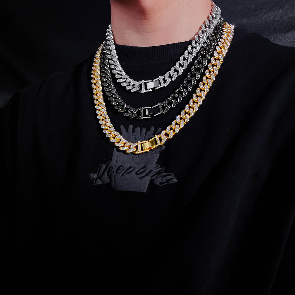 European and American full crystal cuban necklace street rock men and women hip-hop big gold chain