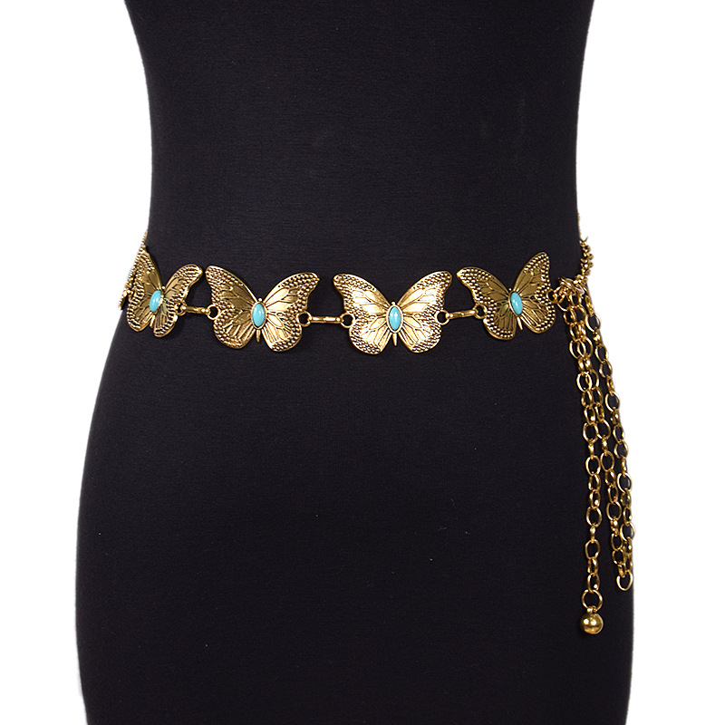 Ladies Turquoise Concho Chain Belt Women Belts Adjustable Butterfly Metal Waist Chain Belt for Jeans or Dresses