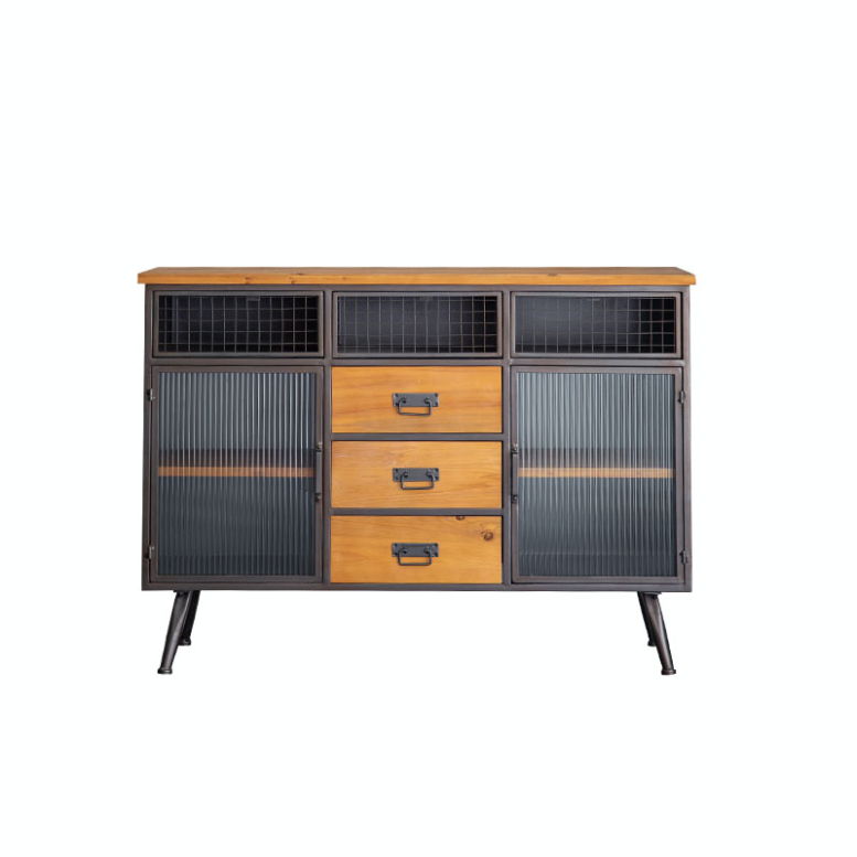 Industrial Style Home Furniture Wholesale Iron + Solid Wood + Glass Sideboard Storage Drawers Cabinet