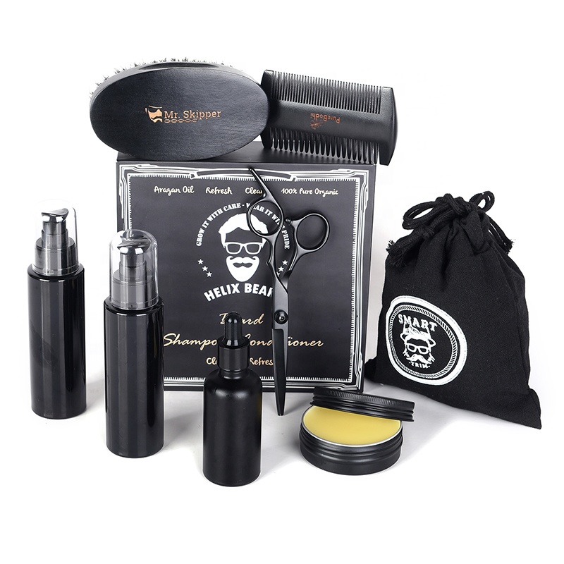Natural wood private label beard brush set and beard care kit