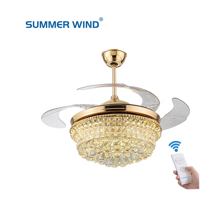 Modern decorative gold metal save energy 42 inch 3 tone invisible crystal ceiling light fan