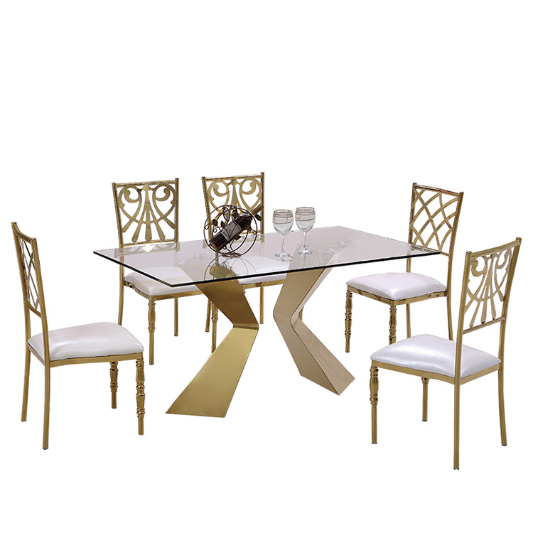 New Design Stainless Steel Gold Glass Wedding Party Event Glass Rectangle Catering Banquet Chairs and Tables Set