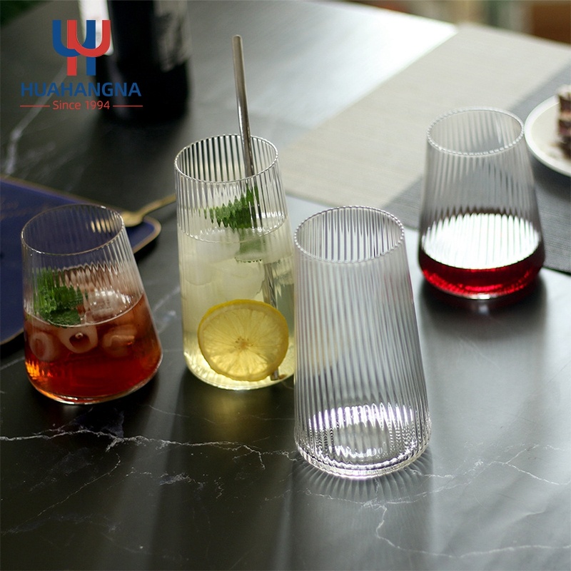 Amazon Best Seller Custom Logo Multi Sizes Ribbed Clear Glass Drinking Milk Water Fruit Juice Cup for Market Restaurant Party