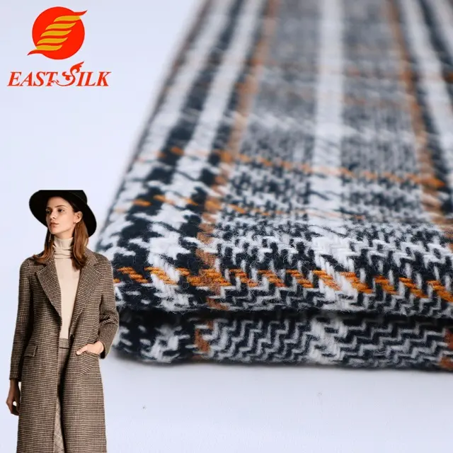 No moq wholesale high quality winter coat custom yarn dyed woven polyester tweed stock textile fabric for clothing