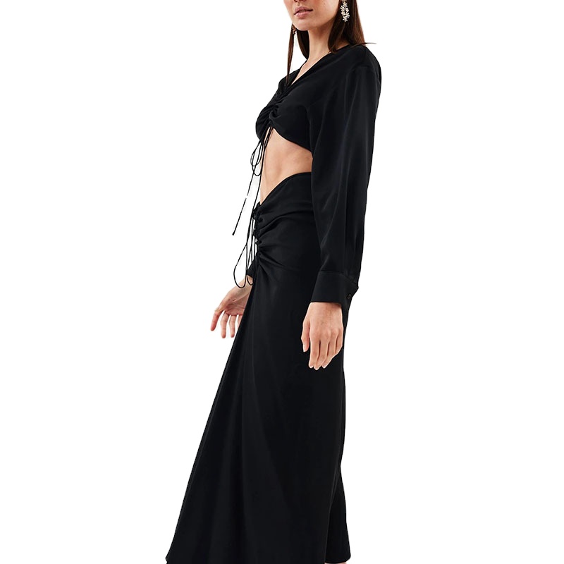 Fall Hot-selling Women's New Style Solid Color Sexy Navel Pierced Hollow Ruffled Lace-up Long-sleeved Dress