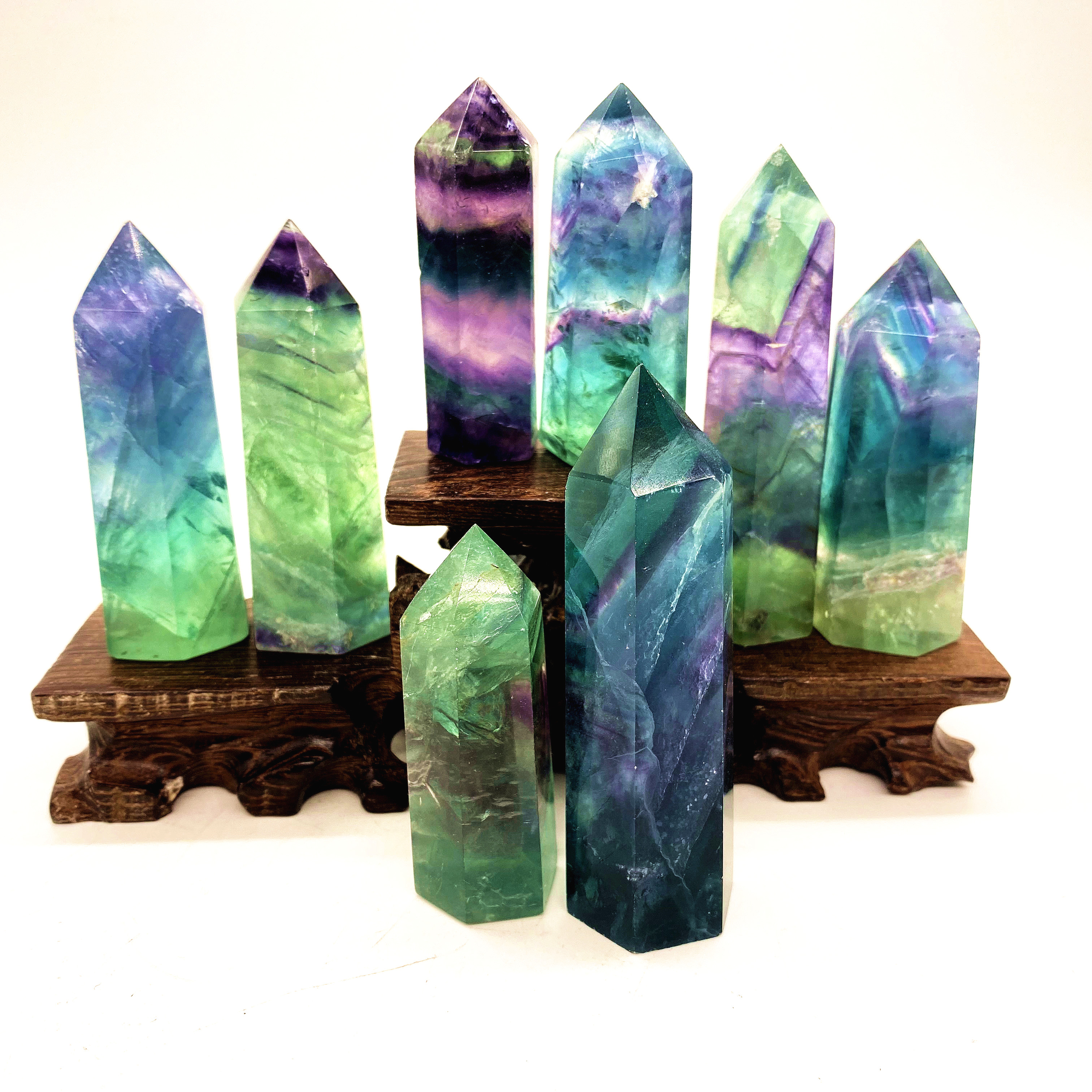 Wholesale Rainbow Fluorite Crystal Wand Natural Healing Crystal Point Tower