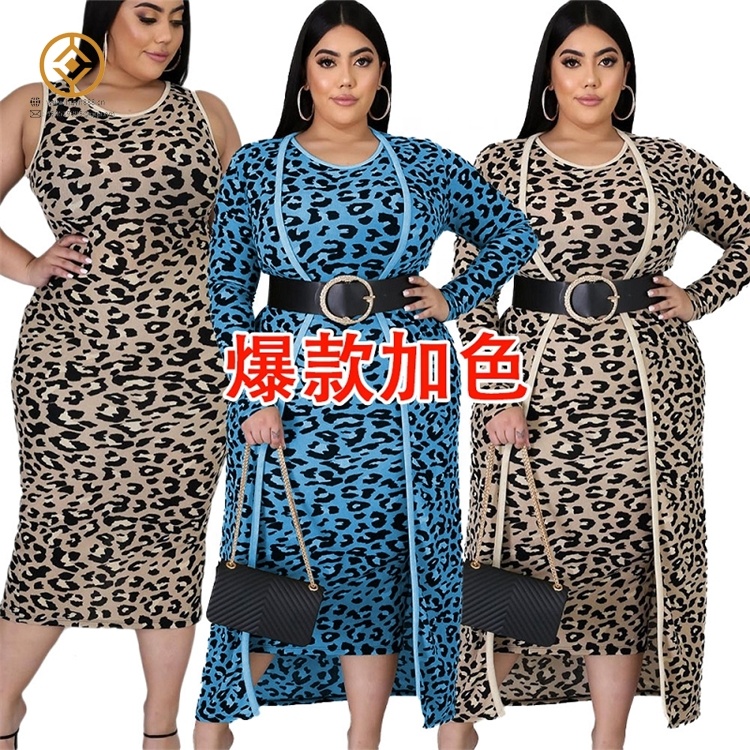 Большой размер 4XL, комплект из 2 предметов, осенне-зимняя женская одежда с леопардовым принтом, комплект из двух предметов, кардиган, куртка, пальто + Повседневный жилет, длинное платье