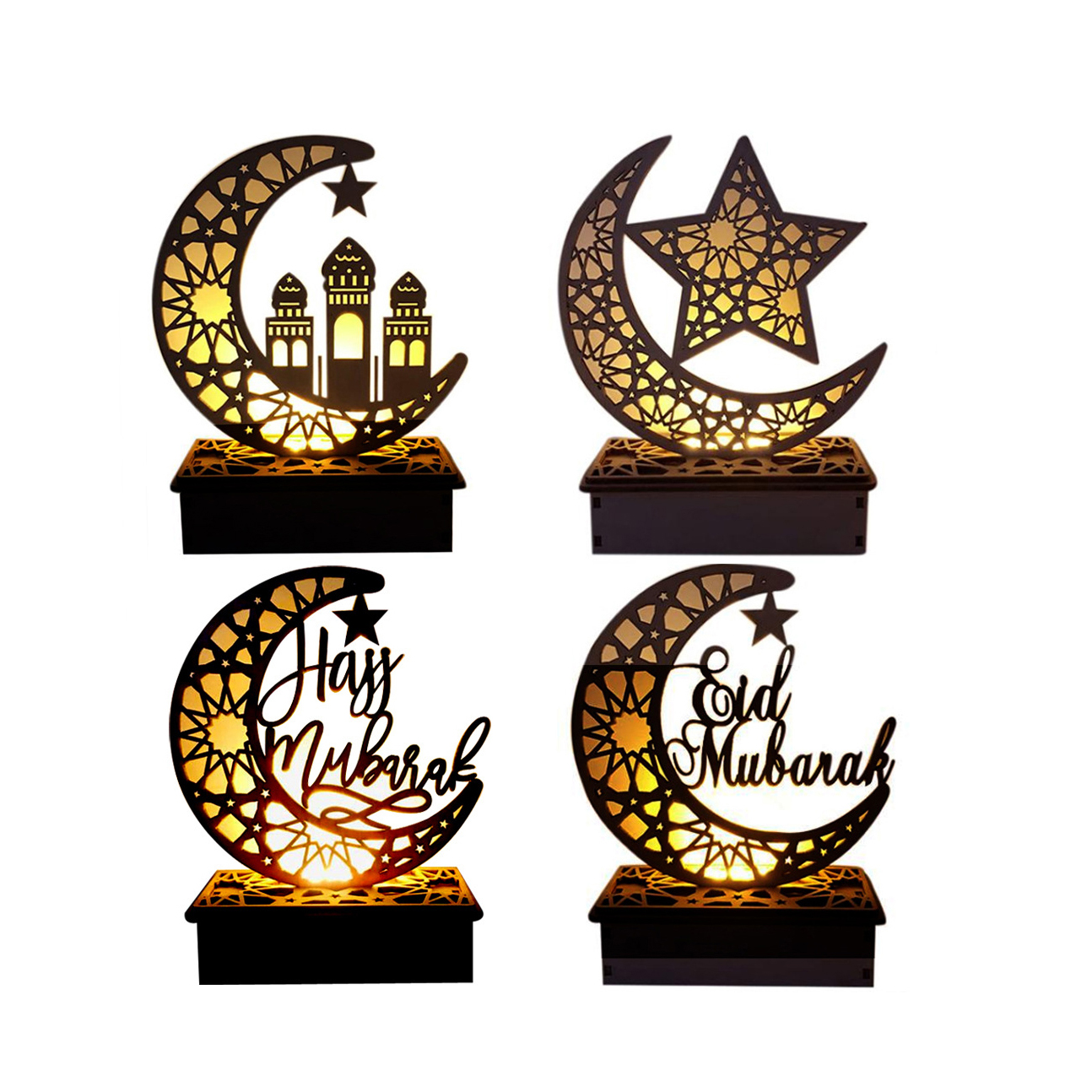 LED Eid Mubarak Ramadan Wooden Plaque Ornament Moon Star Blessing Word Decoration for desktop Home Room Decoration