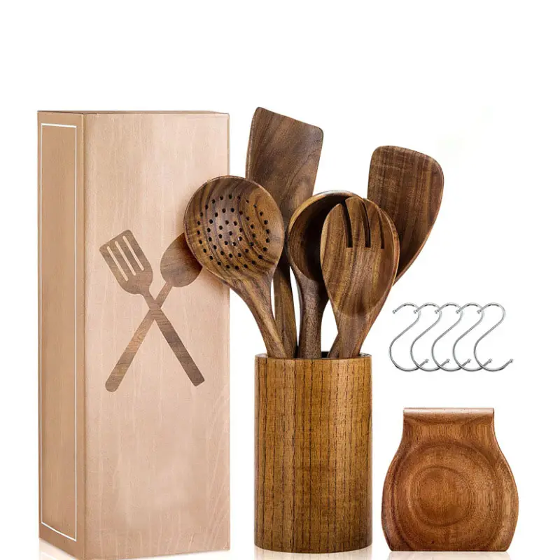 Amazon hot sale 7pcs set Natural teak Wood Utensils Wood kitchen Spatula With Wooden Stand
