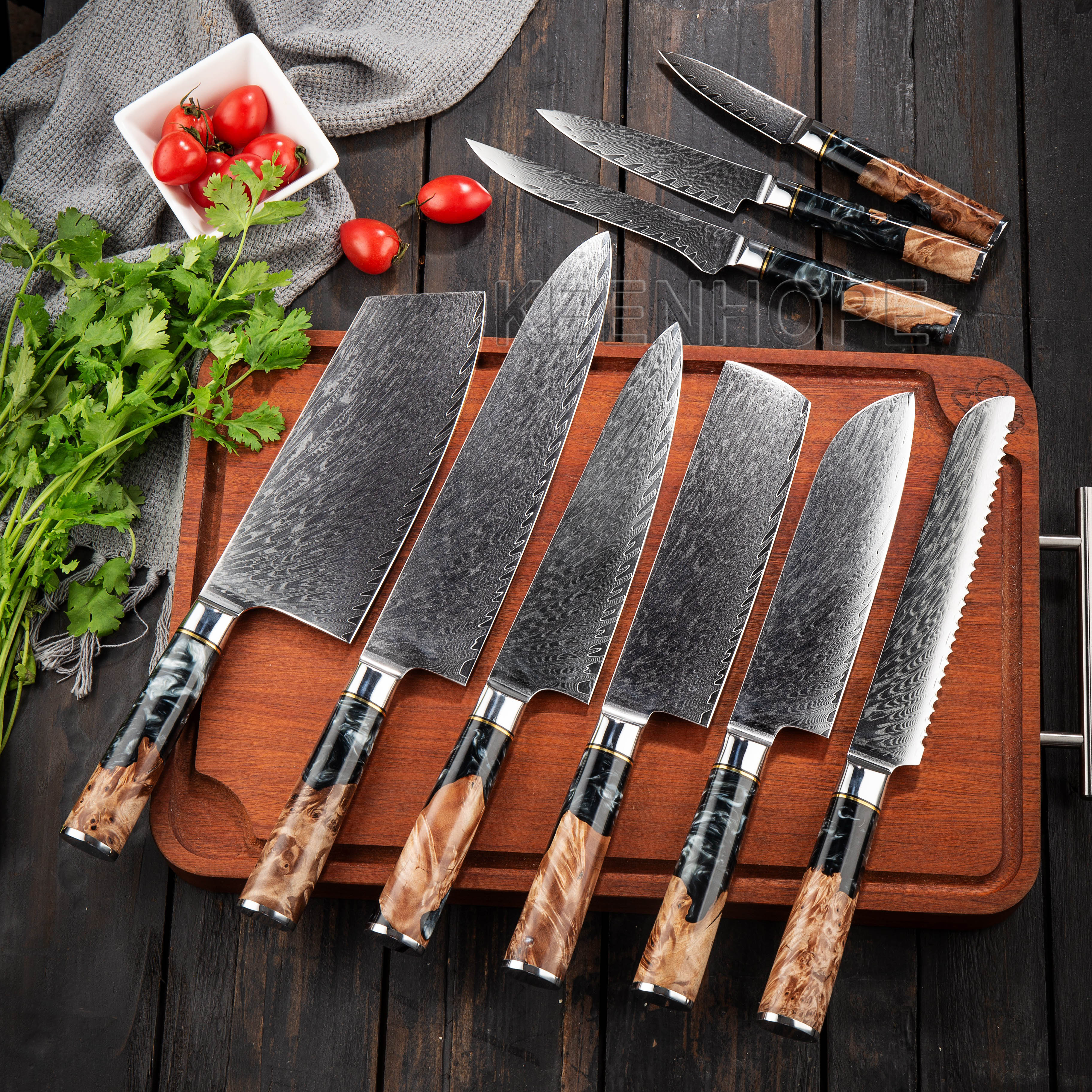 9-Piece Kitchen Knife Set with 8-Inch 67 layers VG10 10Cr15MoV Damascus Composited Resin and Maple Burl Wood Handle Chef Stocked