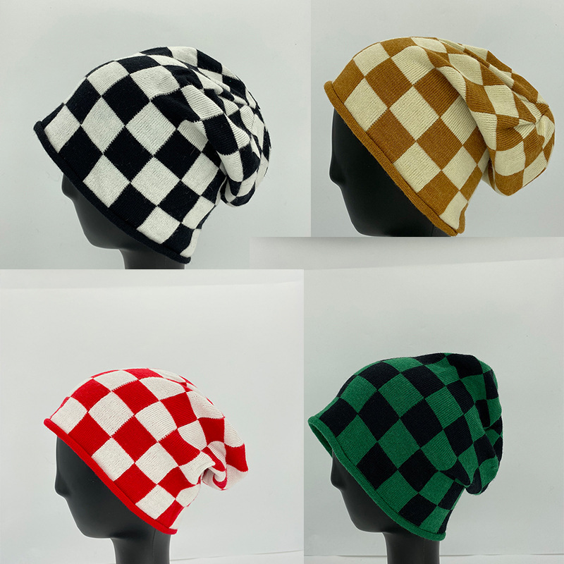 Japanese Style INS Winter Fashion 100% Acrylic Jacquard Warm Lattice Hat Checkerboard Knitted Wool Slouchy Beanies