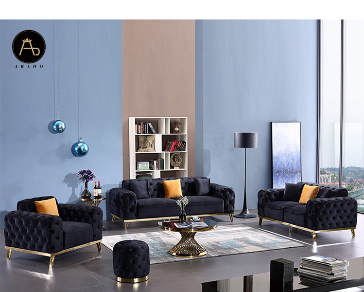 Latest italian modern chesterfield 3 2 1 1 luxury designer stainless steel frame velvet sofa