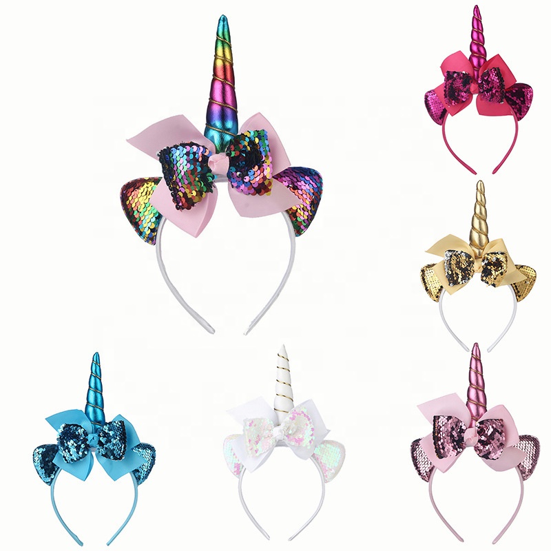 Party Birthday Headwear Glitter Unicorn Bow Hairband Ribbon Sequin Bow Headband