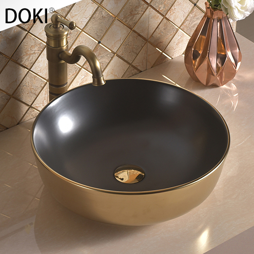 YL3406-19 Современная раковина для ванной комнаты, круглая керамическая раковина золотого и черного цвета