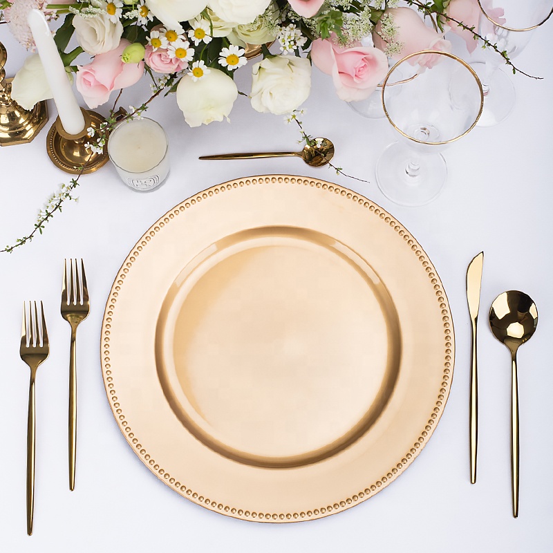 cheap wholesale designer round silver pink gold red plastic charger plates wedding decoration black dinner luxury plate chargers