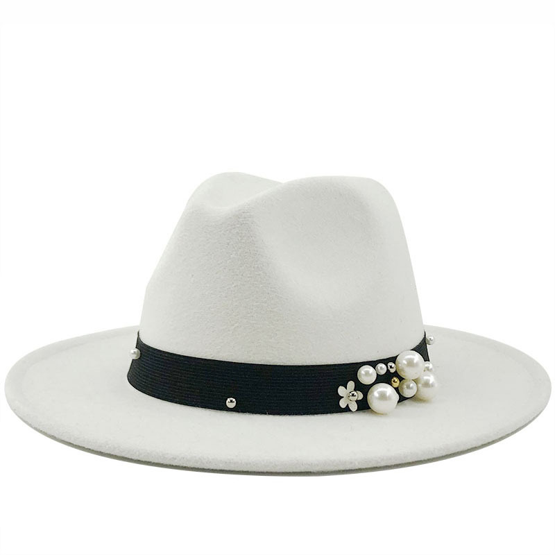 Autumn Winter Unisex Jazz Fedora Hat with Pearls Wide Brim Vintage Wool Fedora Hat
