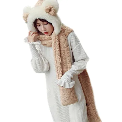 E535 Women Winter Warm Cute Plush Bowknot Scarves Hat Glove 3pcs Set Thicken Hats And Gloves Fur Scarf