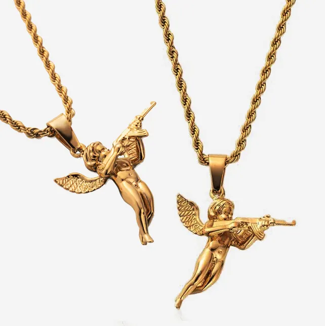 hiphops Men Jewelry Cupids Revenge Angel Pendant 18k Gold Rope Chain 316L Stainless Steel 3D Angel with Gun Necklace