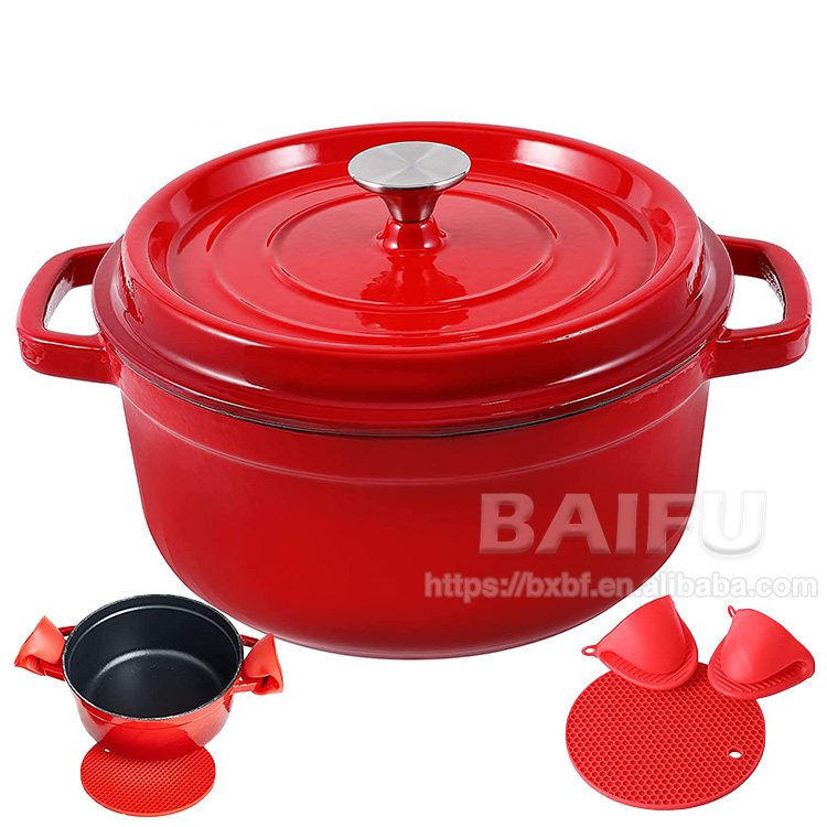 Factory Direct Classic Type Enameled Cast Iron Dutch Oven Stovetop Enamel Coated Cast-Iron Baking Pot with Loop Handles Fire Red