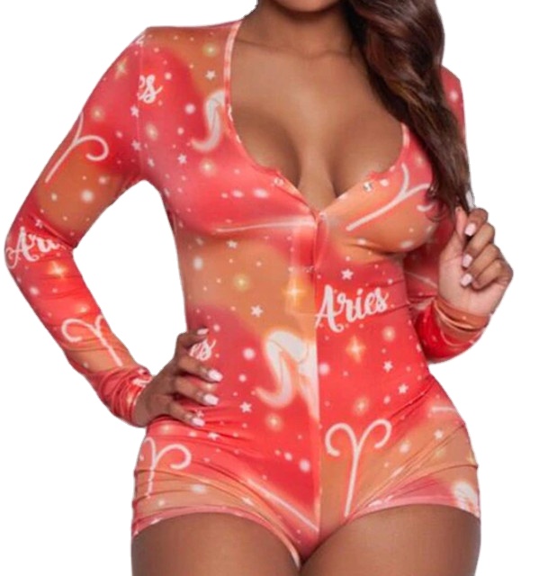 Women Stretch Leotard Romper Playsuit Long Sleeve Button Bodycon Overalls Zodiac Signs Adult Onesies for Women Pajamas