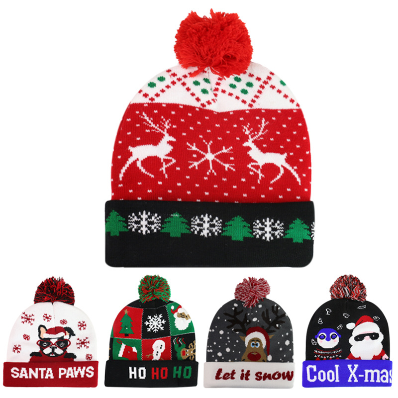 Wholesale Custom Logo Sublimation Funny Led Switch Box Knit Lantern Party Ball Unisex Head Christmas Hat With Lights