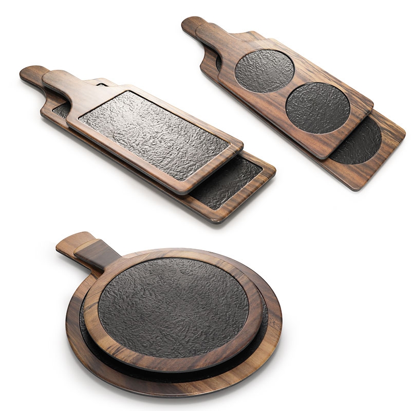 Round Acacia And Black Slate Cutting Board Cheese Board With Handle