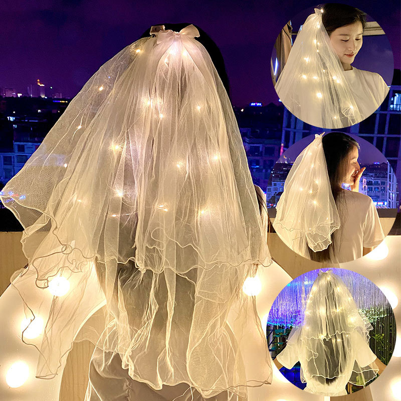 80cm Marriage Light Up Voile Ribbon Bow Two Layer Beaded Bridal Pearl Ribbon White Led Short Wedding Veil