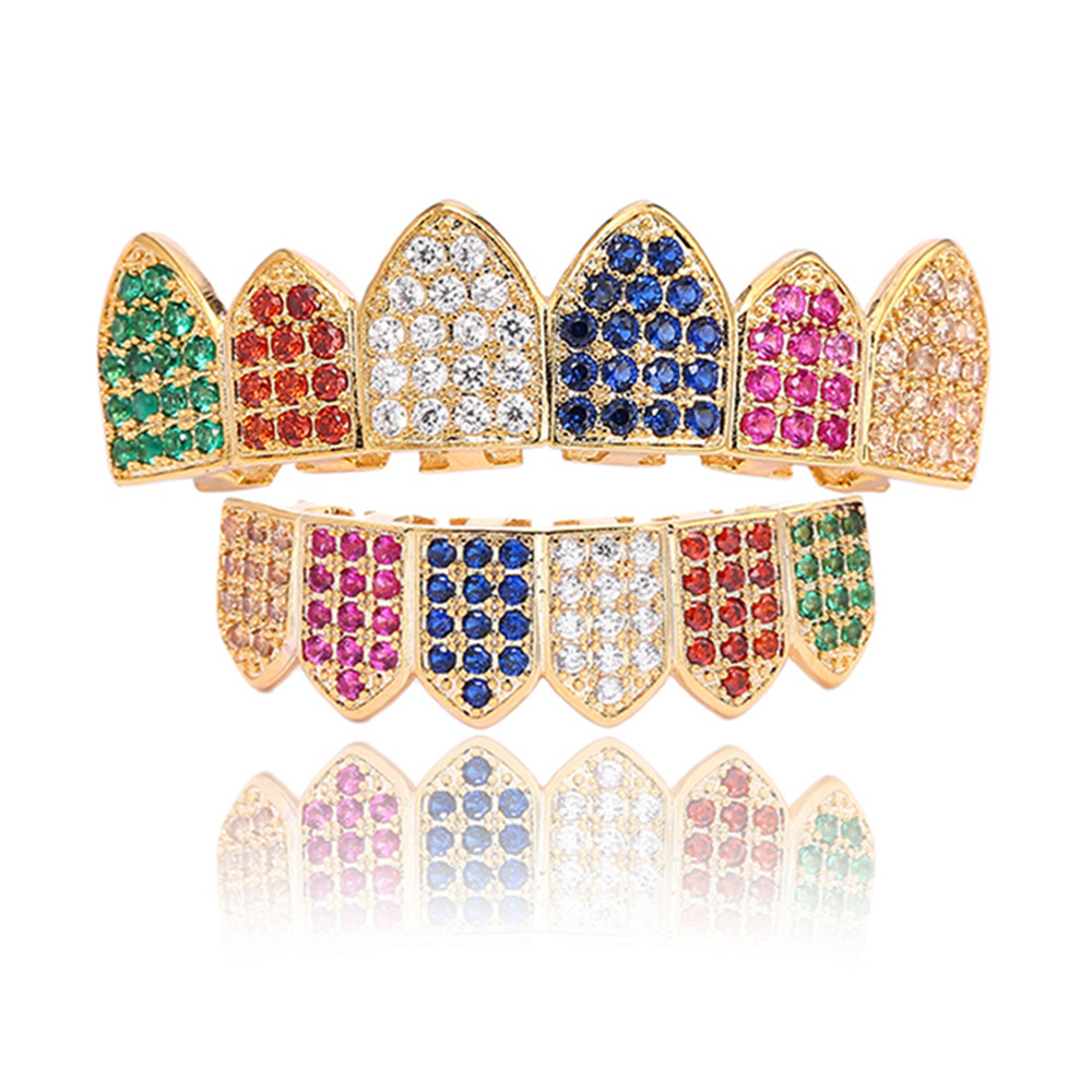 Dropshipping Body Jewelry Copper Micro Pave Rainbow Cubic Zircon Teeth Grillz Top and Bottom Dental Grills for Sale