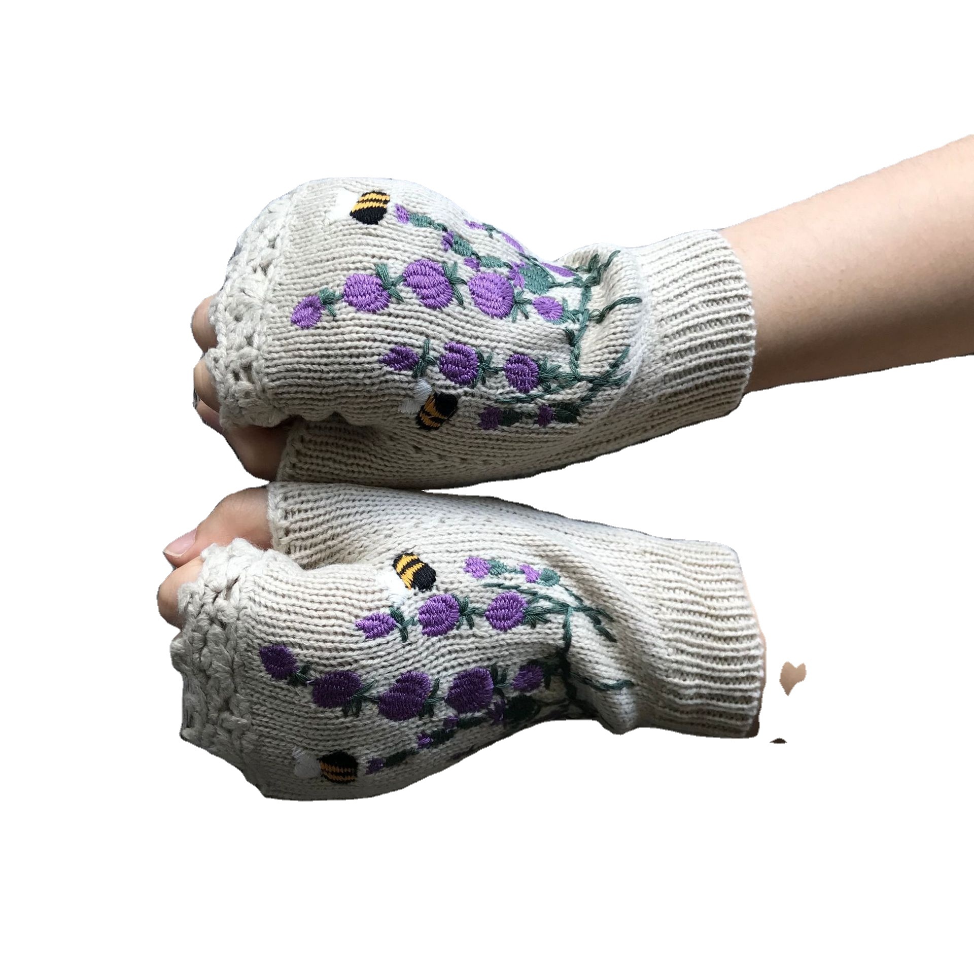 2024 new Cross border selling autumn and winter women's honey Lavender women's Half Finger embroidered knitted women's Gloves