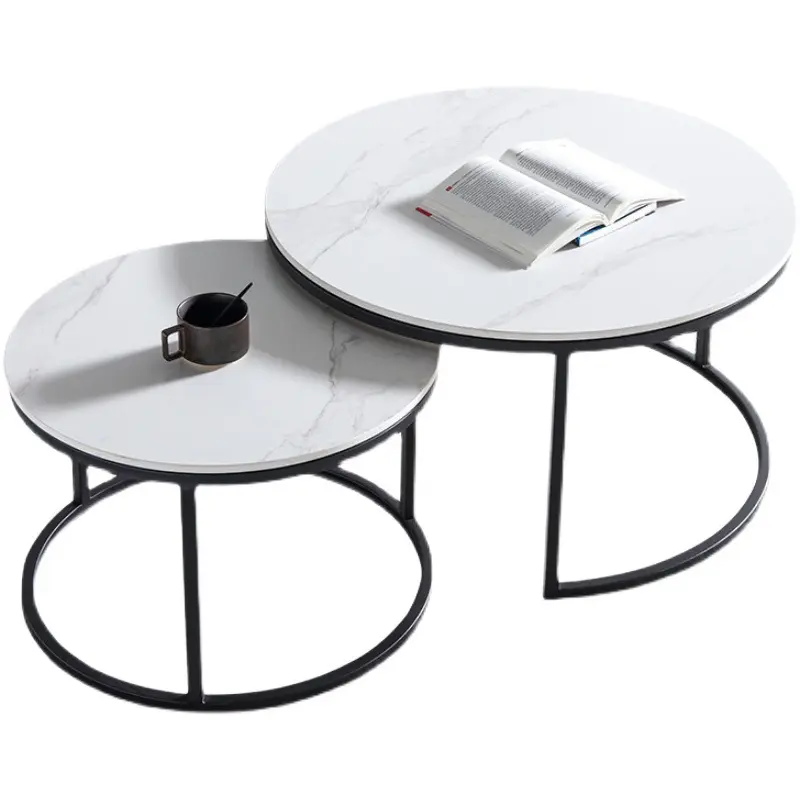 Home furniture marble side table 2 small round coffee tables for living room in black metal base