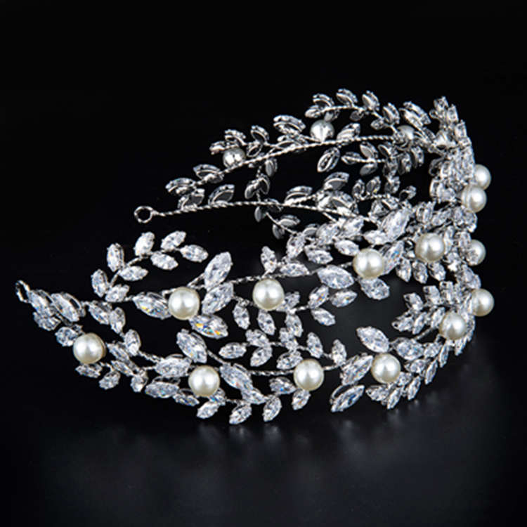 BH-10 Wholesale White Gold Bridal Hair Hoop Jewelry Wedding Accessories Crown Women Tiaras Leaf Diamond Zircon Pearl Tiara